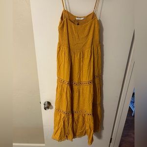 LUSH. Yellow-gold midi dress, smocked bodice. NWOT. Size large.